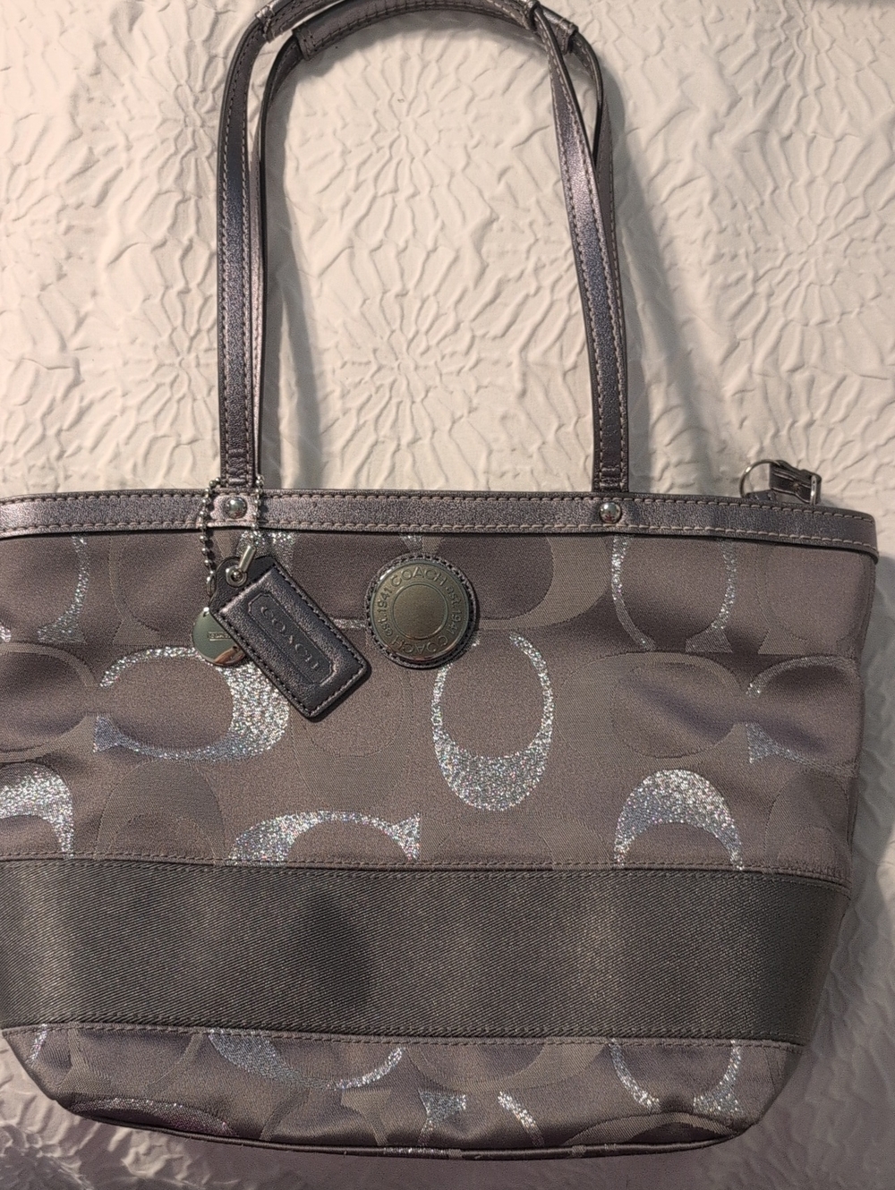 Coach Metallic Pewter Signature Tote
